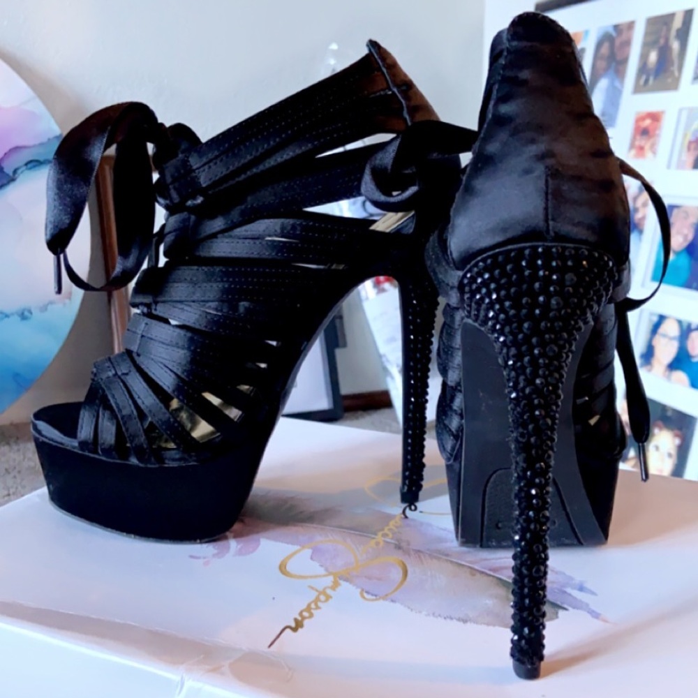 Bebe Black Lace Up Stone Heels